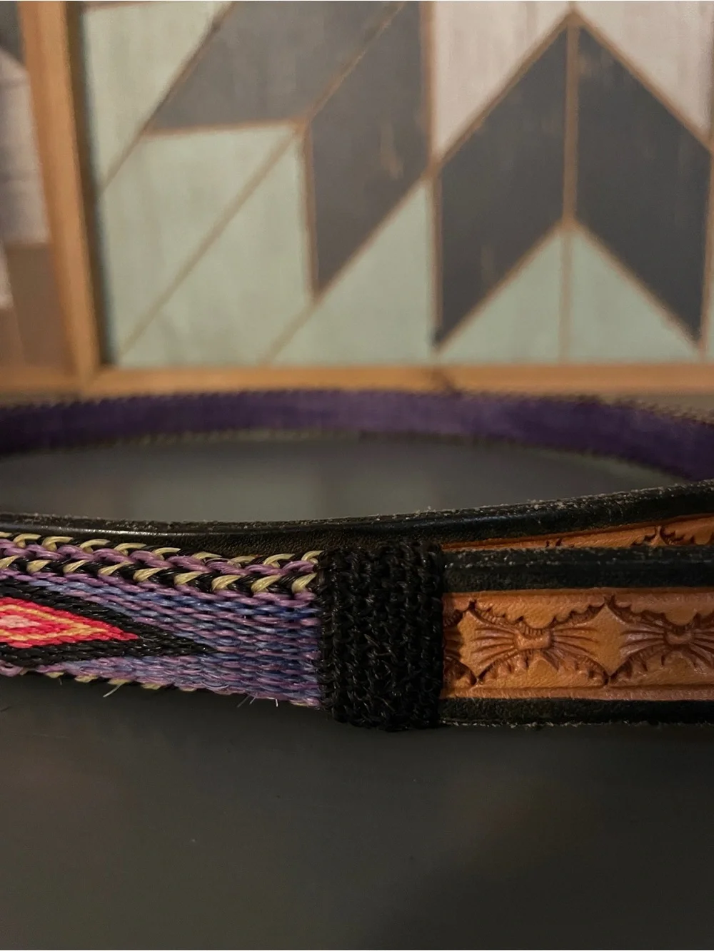 Vintage Hitched Horsehair Belt Purple Vibrant Diamond Pattern Tooled Leather 36